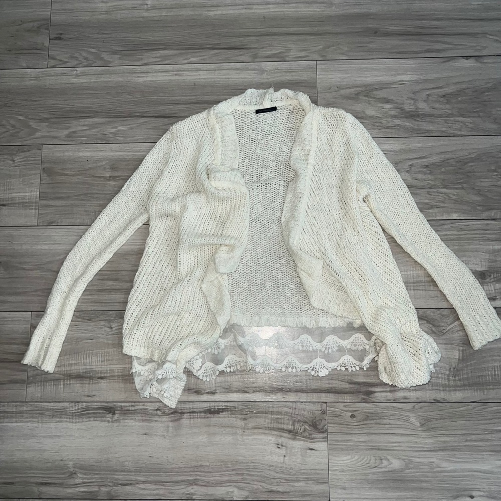 The Classic Cream Open Front Chunky Knit Cardigan Lace Trim Hem Boho Ivory M